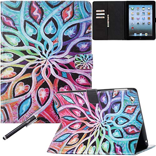 Newshine Ipad 2 Case, Ipad 3 4 Case Colorful Smart Pu Leather Stand Cover With Card Holder For Apple Ipad 2 & Ipad 3 & Ipad 4 9.7 Inch, With Auto Sleep/Wake Up Function, Heart Flower #TOP5