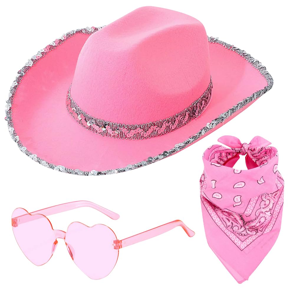 WFKKMEQ Cowboy Hat, 3PCS Cowgirl Hat for Women with Heart Glasses Feather Trim Wide Brim Cowgirl Hats Western Cowboy Costume Accessory Fancy Dress Cosplay Costume for Carnival Halloween(Pink)