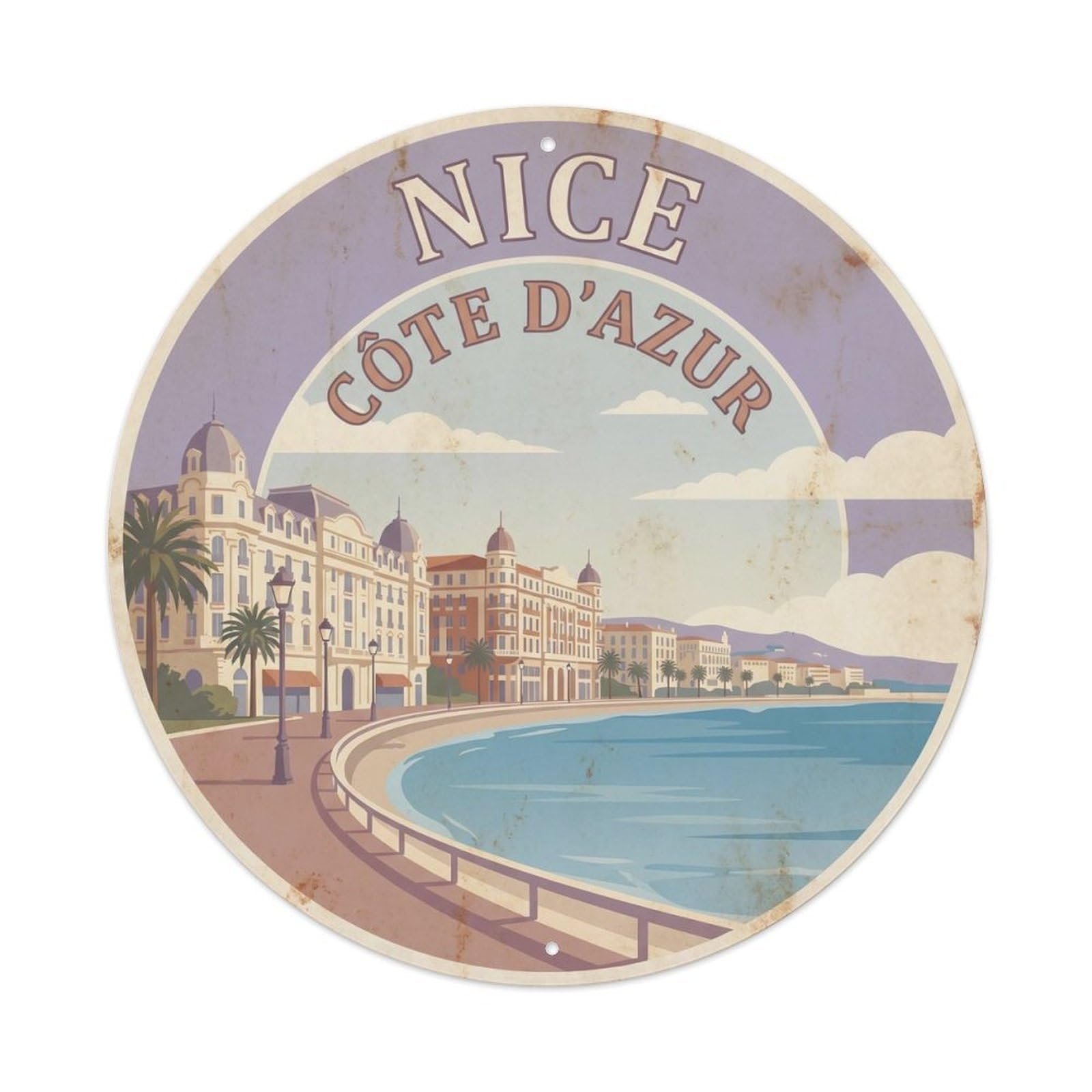 Vintage Travel Nice French Riviera Metal Tin Sign Plaque Wall Decor for Cafe, Club Bar, Office, Home Garden Round Metal Poster 8x8Inch