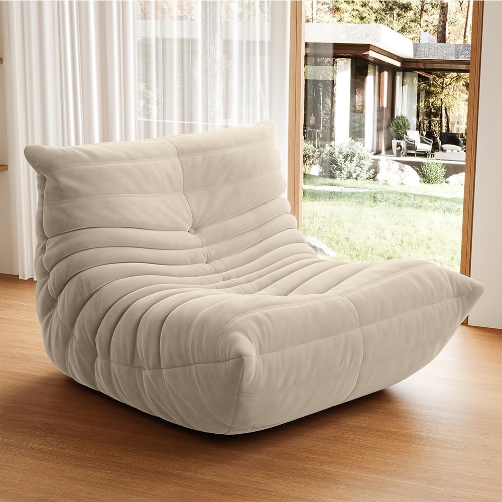 High-end Uncompressed Bean Bag Chair, Fireside Togo Chair with Antique White/Light Grey Suede Fabric Cover, Comfy & Soft Lazy Floor Lounge Sofa Chairs for Bedroom, Living Room, Office or Lounger