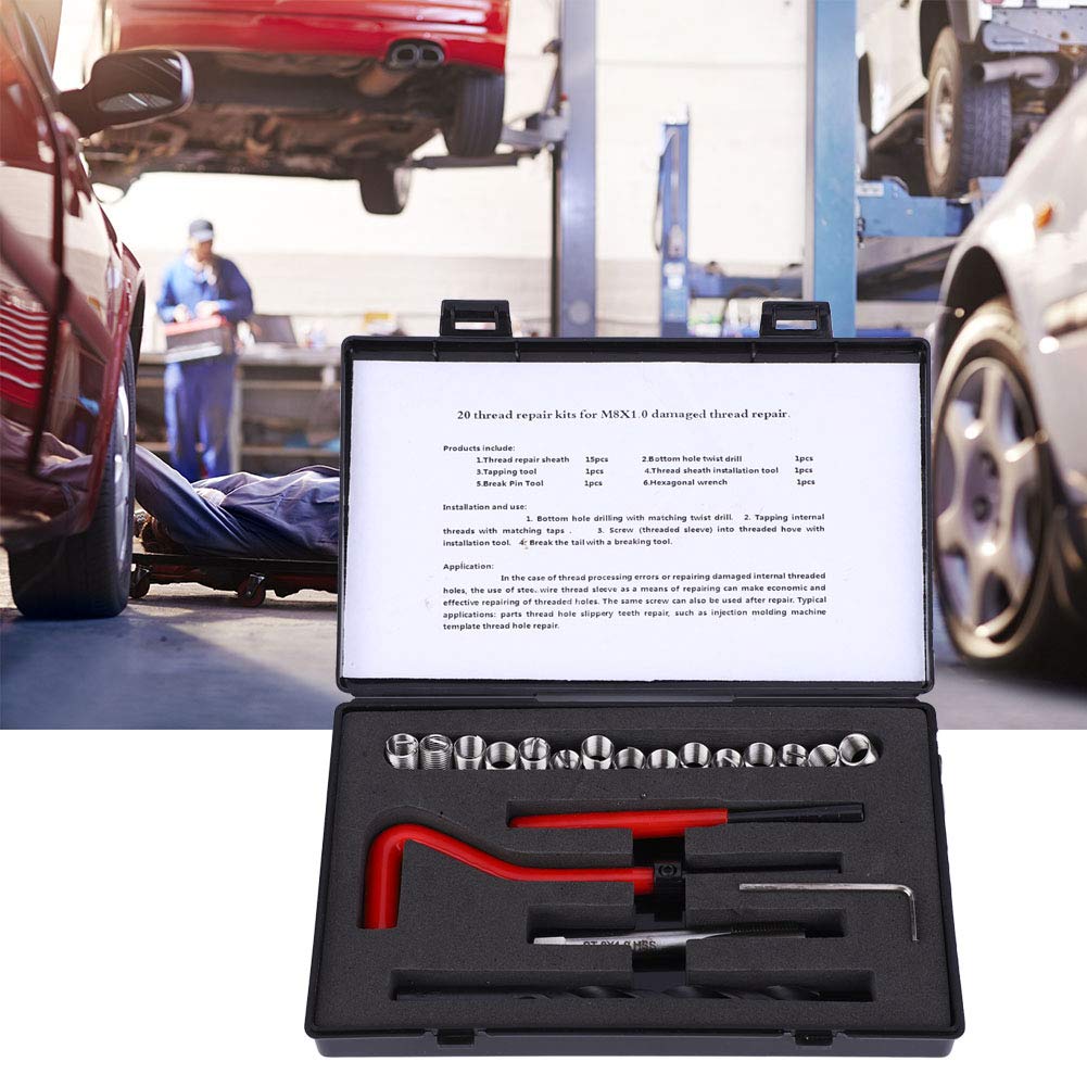 20 Pcs Thread Repair Kit, M8x1 Stainless Steel Fem Thread Repair Thread Socket, Thread Reconditioning Drill Bit Set for Automotive Repairs