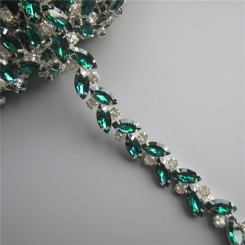1 Yard Peacock Green Rhinestone Crystal Chain Leaf Gem Sparkle Diamante Trim Ribbon Strap Crystal Metal Chain for Wedding Bridal Dress Necklace Evening Diamond Applique Accessories Headwear Craft