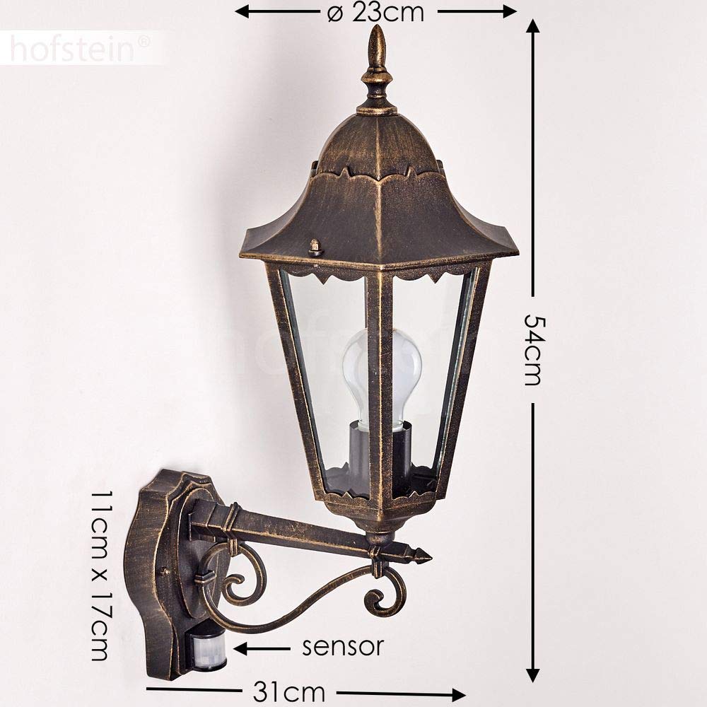 Zewnętrzna lampa ścienna Hong Kong z czujnikiem ruchu, lampa ścienna w górę, odlew aluminiowy w kolorze brązowym/złotym z przezroczystymi szybami, lampa ścienna na taras/podwórko, E27, bez żarówki