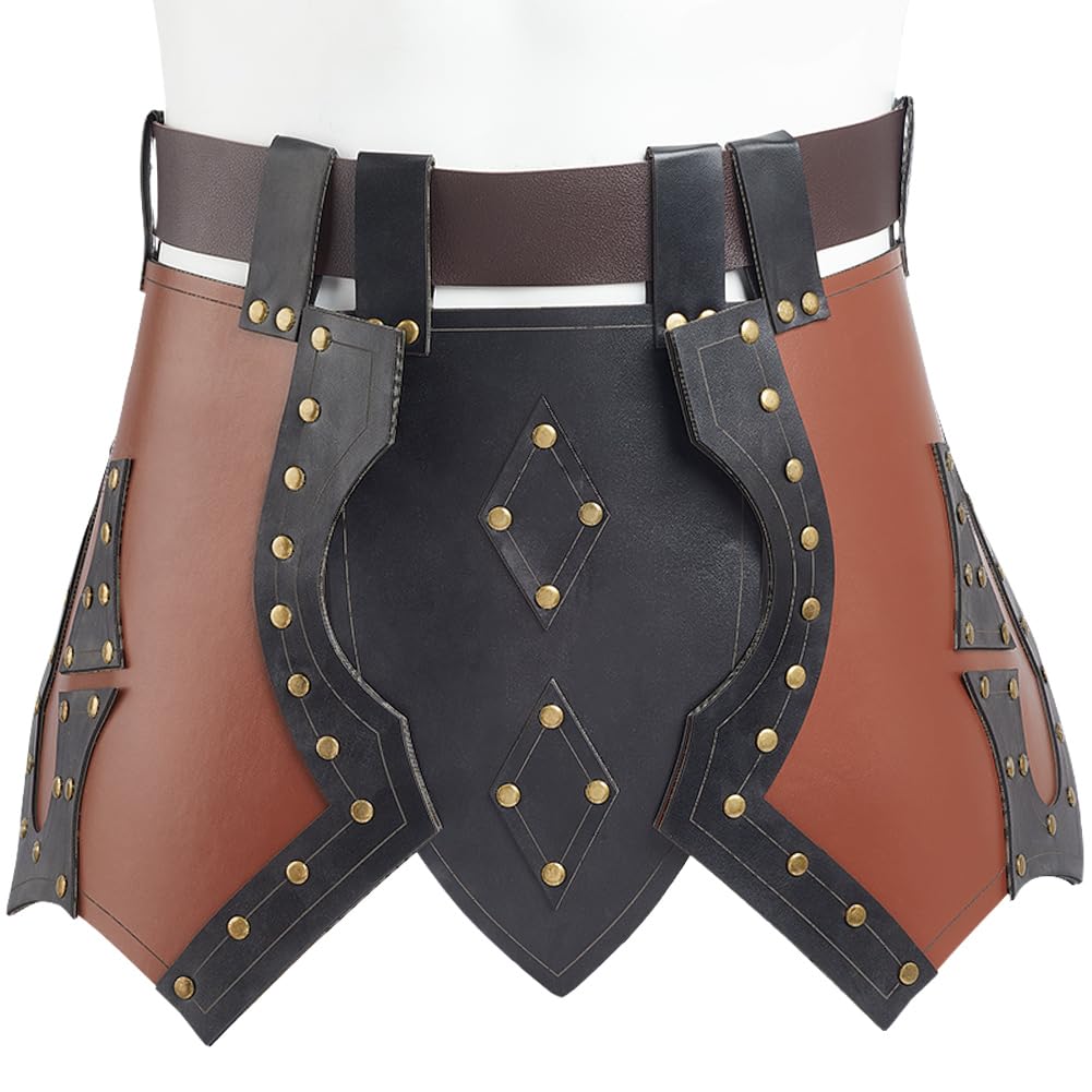 GORGECRAFT Medieval Waist Armor Skirt Three-Sided Roman Gladiator Skirt Saddle Brown Viking Leather Knight Armor Renaissance PU Thigh Guard Cosplay Costume Accessories for Halloween Fancy Dress Party
