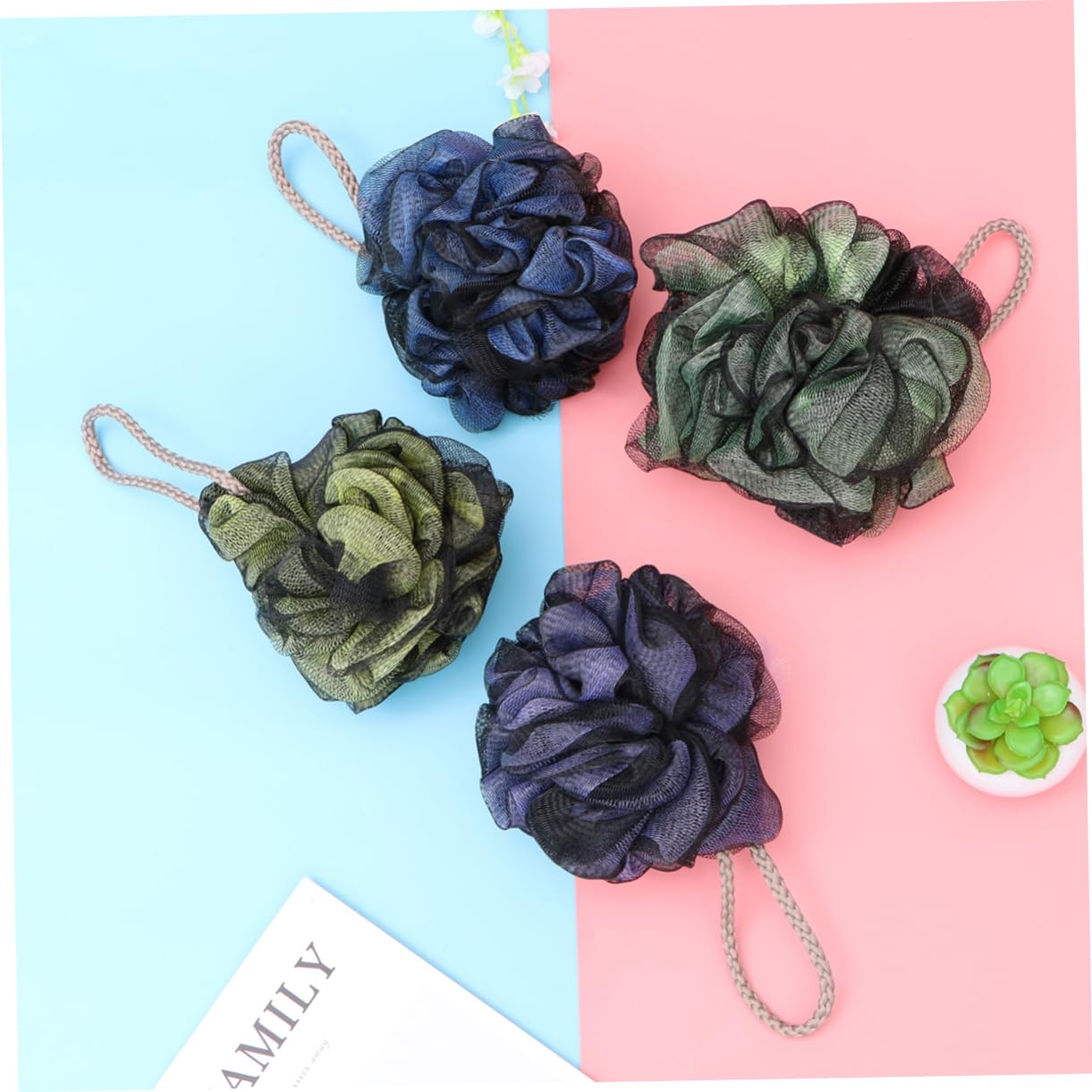 Ipetboom 4pcs Double Lace Bath Flowers Boys and Girls Balls Round Shower Balls Mesh Design for Adults Boys and Girls Children (Yellow Purple Green Blue)