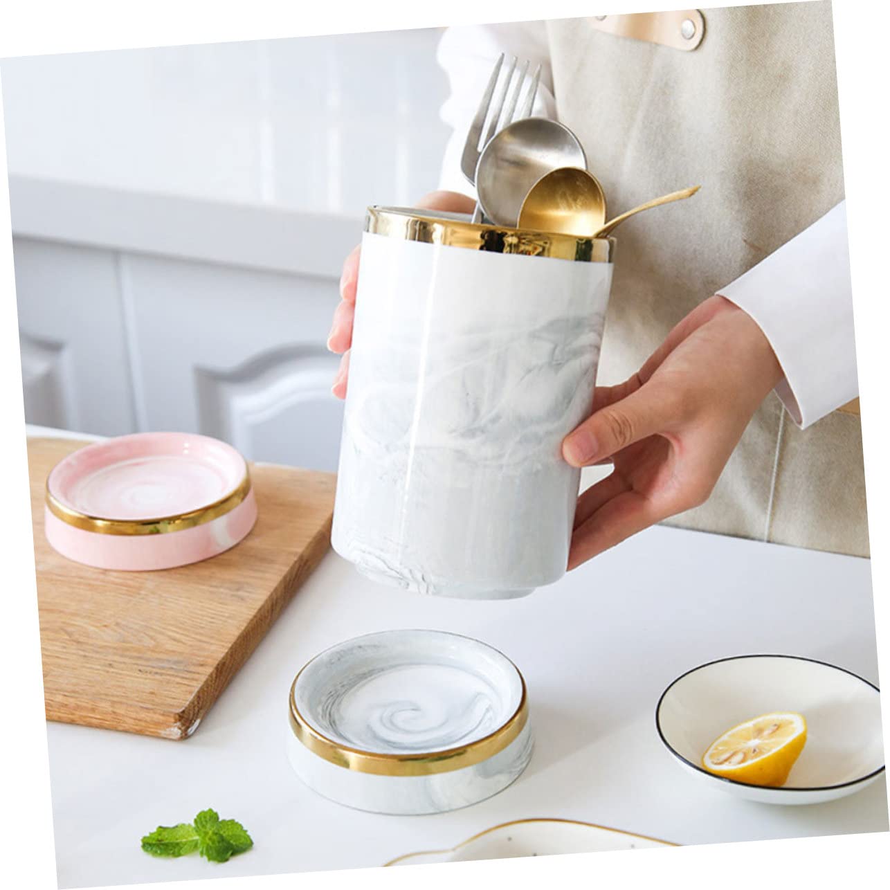 Portautensili da Cucina Porta Bacchette e Posate Moderno in Ceramica Finitura Effetto Marmo Design Decorativo , per Conservare Utensili in Cucina