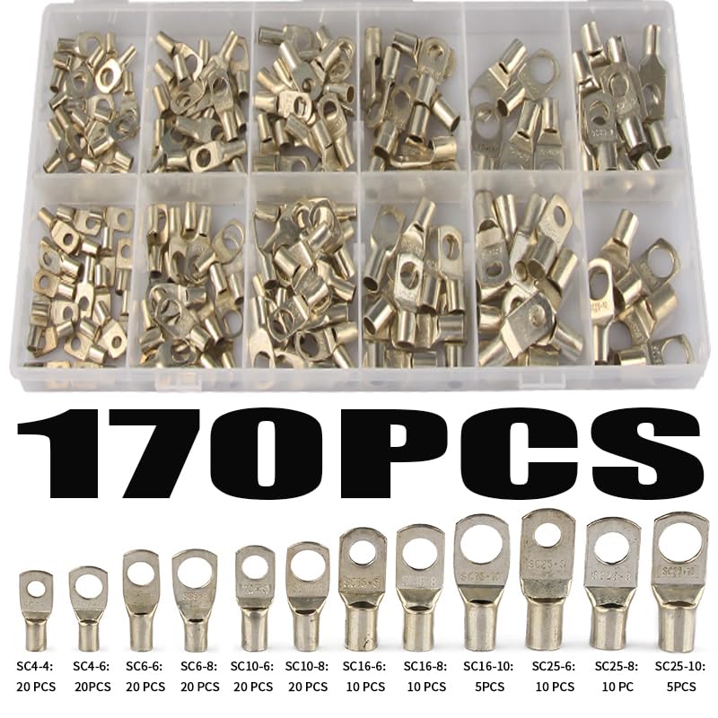 Lot de 170 cosses en cuivre étamé, connecteurs de Fils, bornes de Batterie serties et soudées, SC10-6, SC16-8, SC25-8