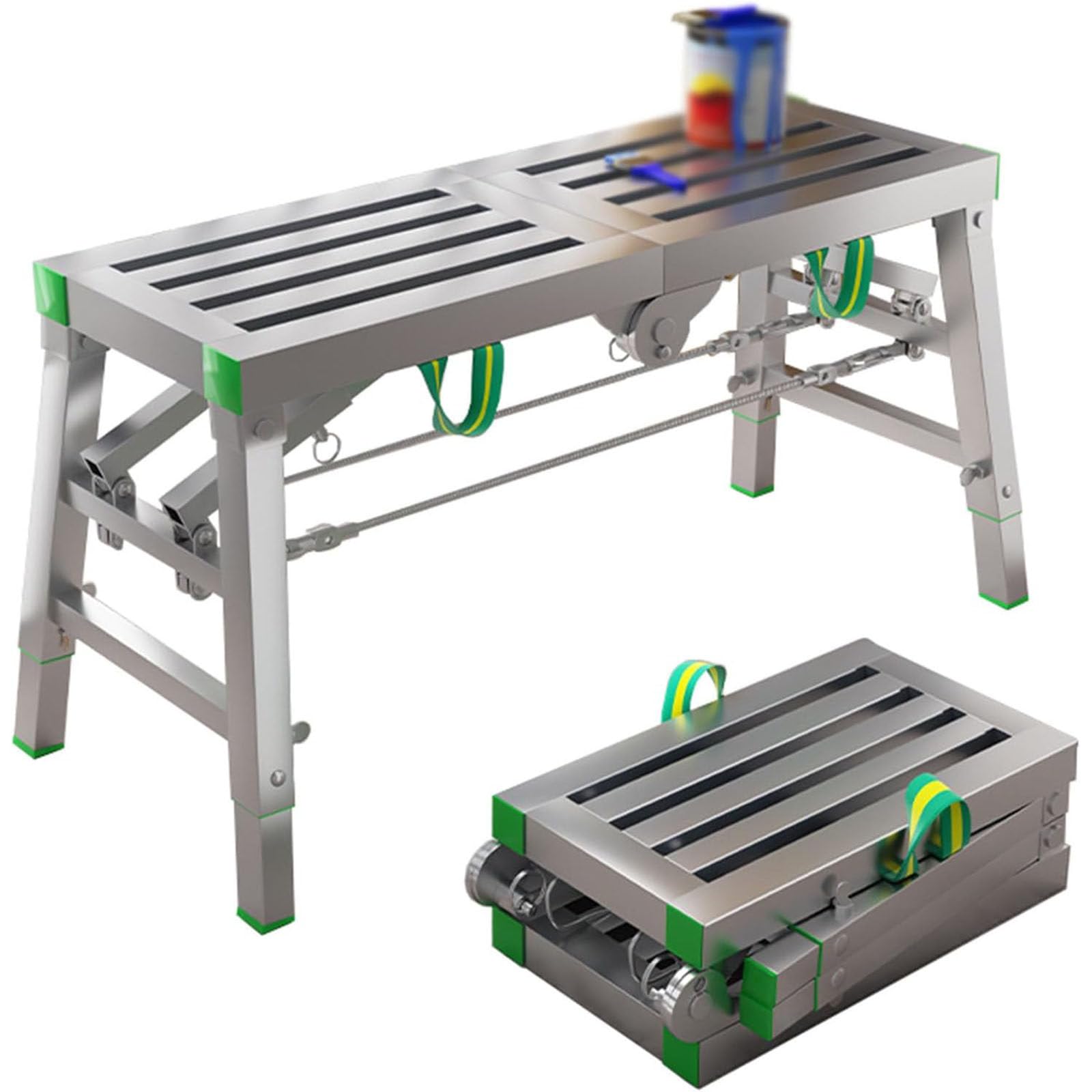 Plataforma Plegable con trampilla, Escalera andamio Ajustable de Acero con Capacidad de Carga de 880 LB, diseño portátil para tareas de Limpieza y Pintura en Altura.