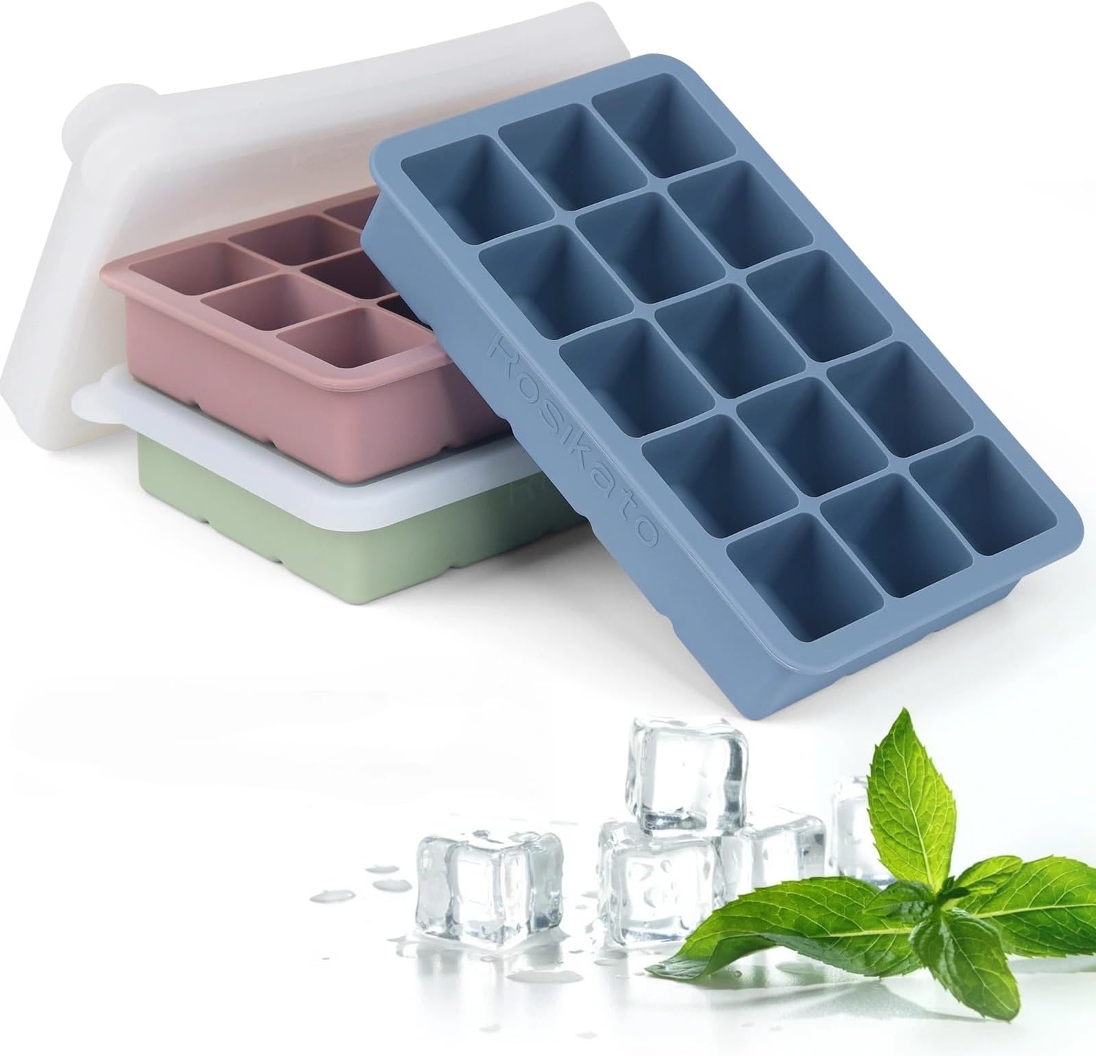 Ice Cube Tray with Lid and Tong, 3 Packs 45 Cubes, Silicone Ice Cube Trays Reusable and BPA Free for Whiskey, Cocktail, Drinks&Food, Freezer, Souper(Pink+Blue+Green)
