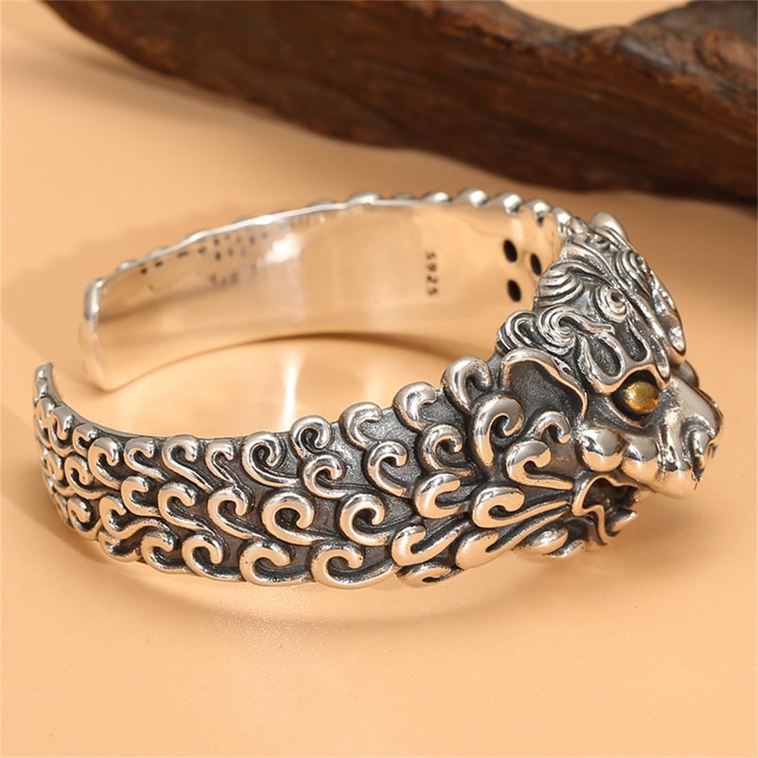 Pulsera plata ley S925 estilo retro chino, pulsera la suerte plata ley abierta y ajustable personalizada hombres y mujeres