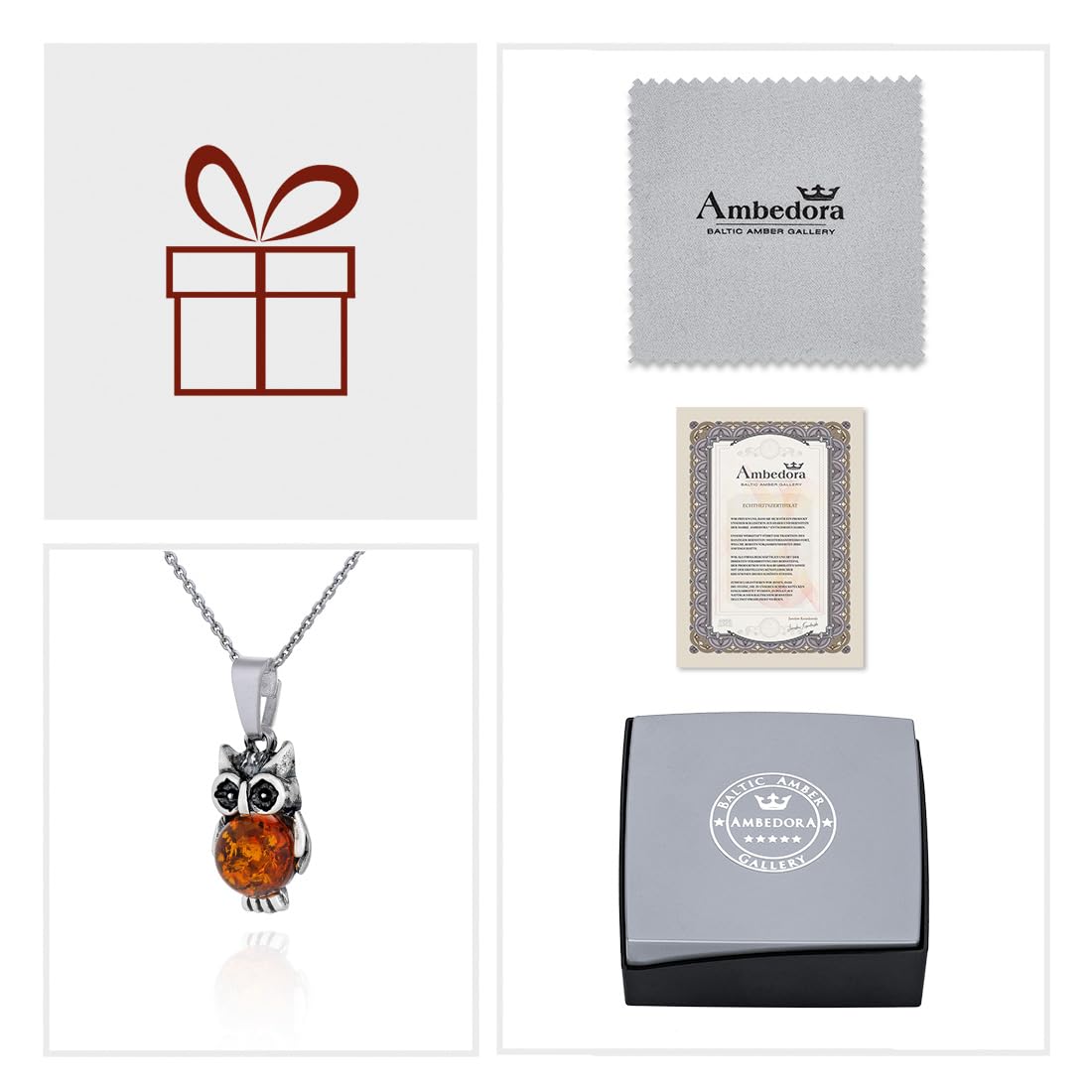 Collana da donna con ambra baltica color cognac, argento 925 ossidato, ciondolo XVI Gufo piccolo con catena, Set regalo