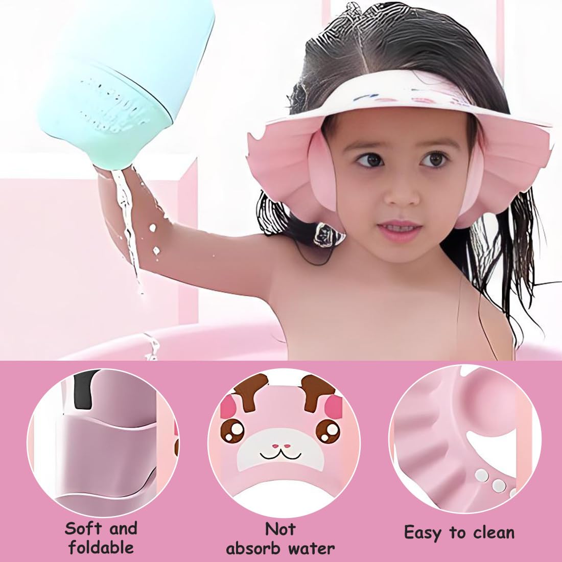 1 Pièce Bonnet de Douche pour Bébé – Casquette de Protection Solaire Ajustable pour Enfants et Bonnet de Bain, Adapté à Protéger Yeux, Oreilles et Visage au Lavage des Cheveux (Rose)