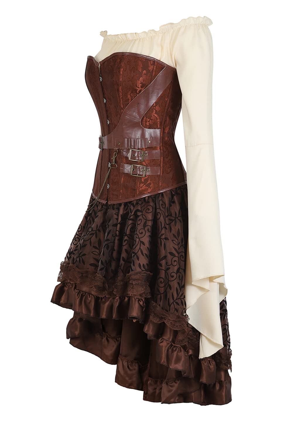 Grebrafan Corset Falda Fiesta y Blusa Pirata Steampunk Conjunto de Corsés y Bustiers Medieval