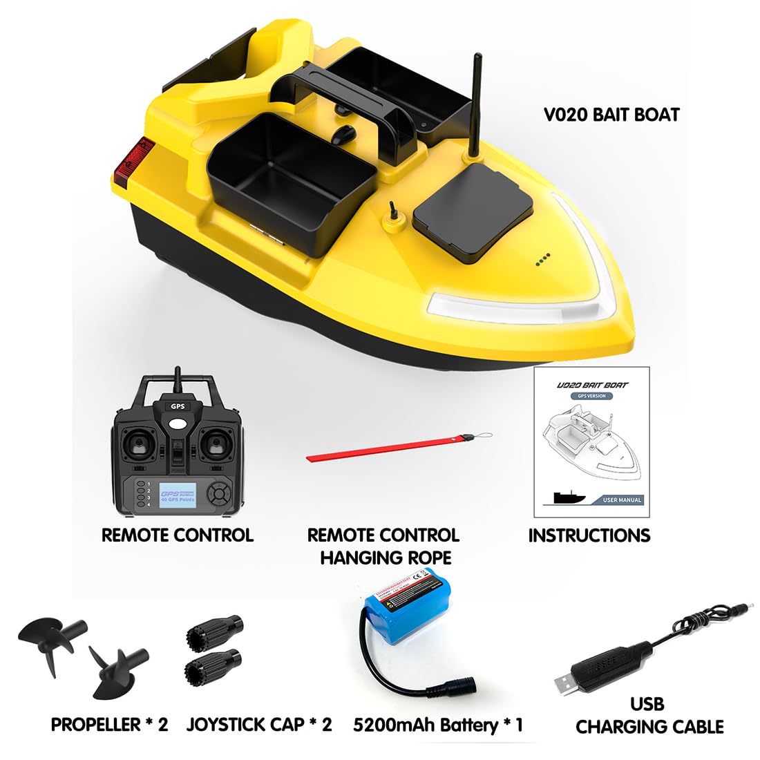 Barco de pesca con cebo a control remoto, lancha rápida inteligente V020 con 3 tolvas para cebo, control remoto de 500 m, 40 puntos de referencia GPS, retorno automático y luces LED de pesca brillan