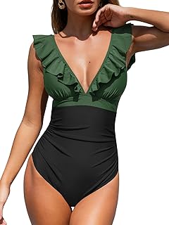 CUPSHE Women's One Piece Swimsuit V Neck Bathing Suit Ruched Tummy | Ruched Waist, Ruffled Trim, Removable Soft Cups, Back Tie Closure, Adjustable Lace Up, Cutout, Standard Coverage