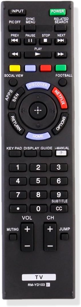 Front view of the ECONTROLLY RM-YD103 replacement remote control, showing all buttons and their labels.