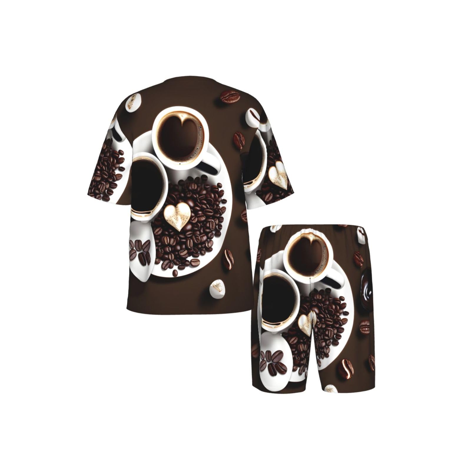 Conjunto de pijama clásico con estampado de collage de café, pantalones cortos de pijama suaves para hombre, perfecto para las noches de verano
