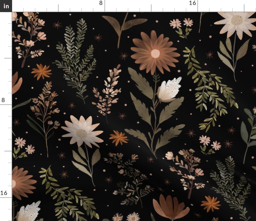 Spoonflower Fabric - Boho Flowers Moody Floral Bohemian Dark Botanical Earth Tones Printed on Petal Cotton Fabric Fat Quarter - Sewing Quilting Apparel Crafts Decor