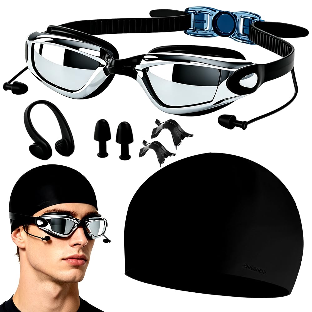 HAJXXMM Swimming Goggles Adult, Unisex Swim Goggles No Leaking, Anti Fog No Leaking Wide Frame, UV Protection,Coated Lens For Adult Women Men with Nose Clips Ear Plugs Swimming Cap Black