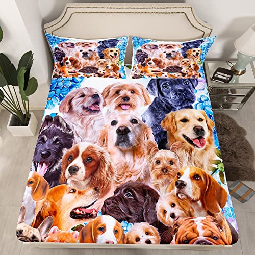 Cute Puppy Dog Bedding Fitted Sheet Cartoon Pet Pug Dog Bulldog Bed Sheet Set Kids Boys Girls Dog Lover Animal Design Bedding Sheets Various Puppy Bed Cover Bedroom Collection 4Pcs Bedding Full #TOP1