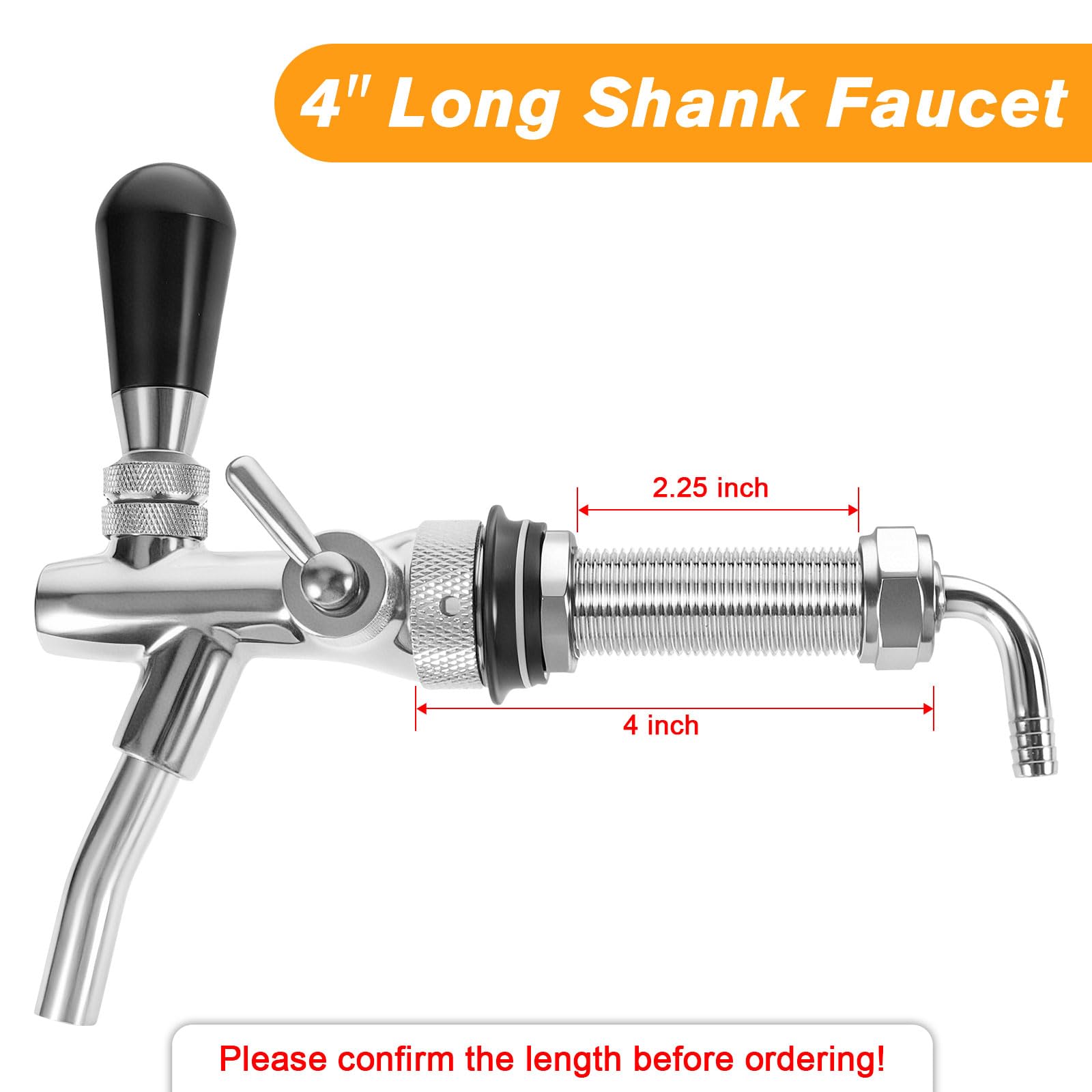 Grifo de cerveza de control de flujo de vástago largo, grifo de cerveza ajustable mejorado con núcleo de acero inoxidable y cuerpo de latón, vástago de cerveza de barril de 4 pulgadas con 5