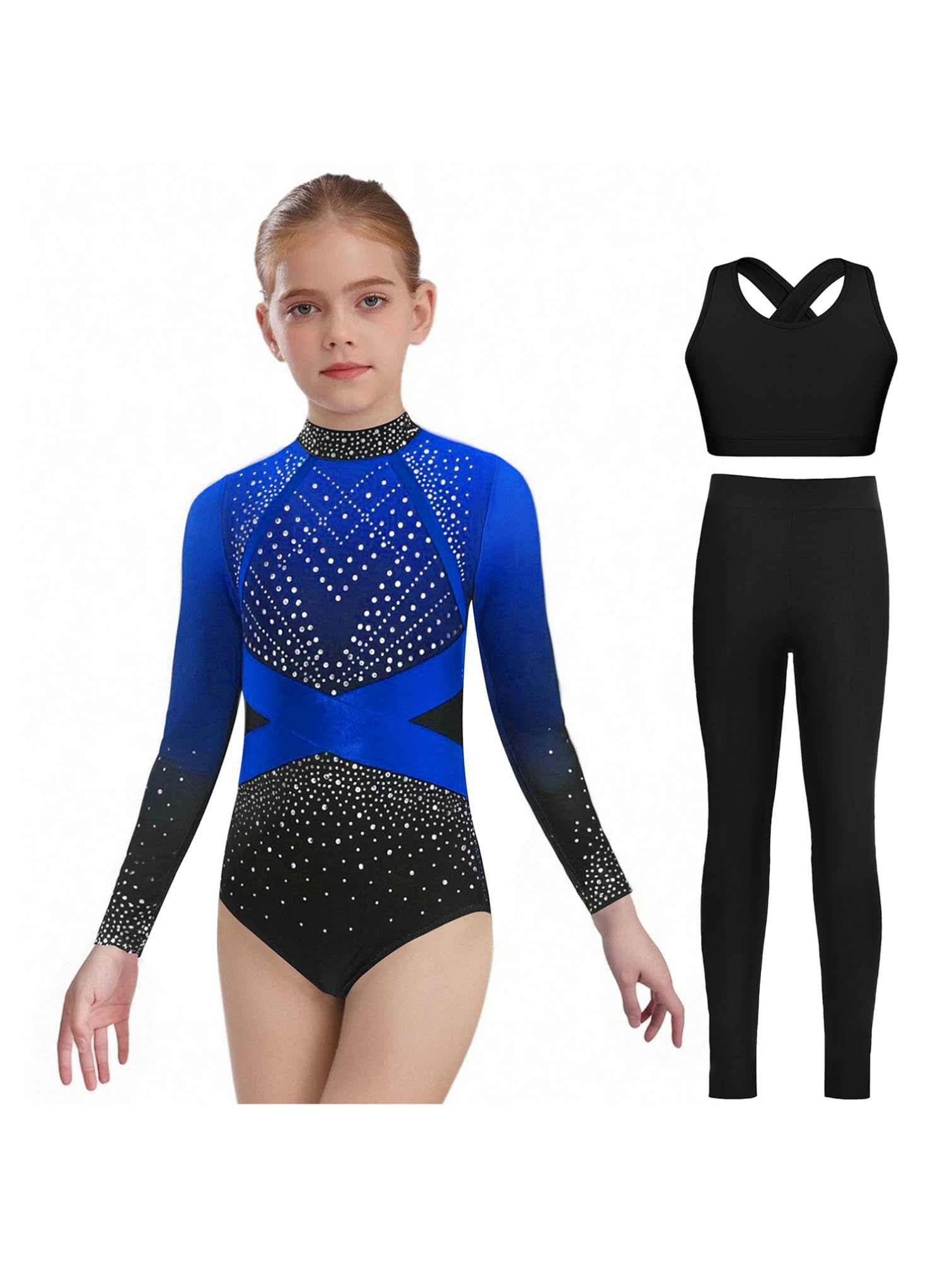 TiaoBug Maillot Brillante De Danza Ballet Niña Leotardo Gimnasia Ritmica Mangas Larga + Pantlones Con Cintura Elastico Body Deportivo Yoga Fitness