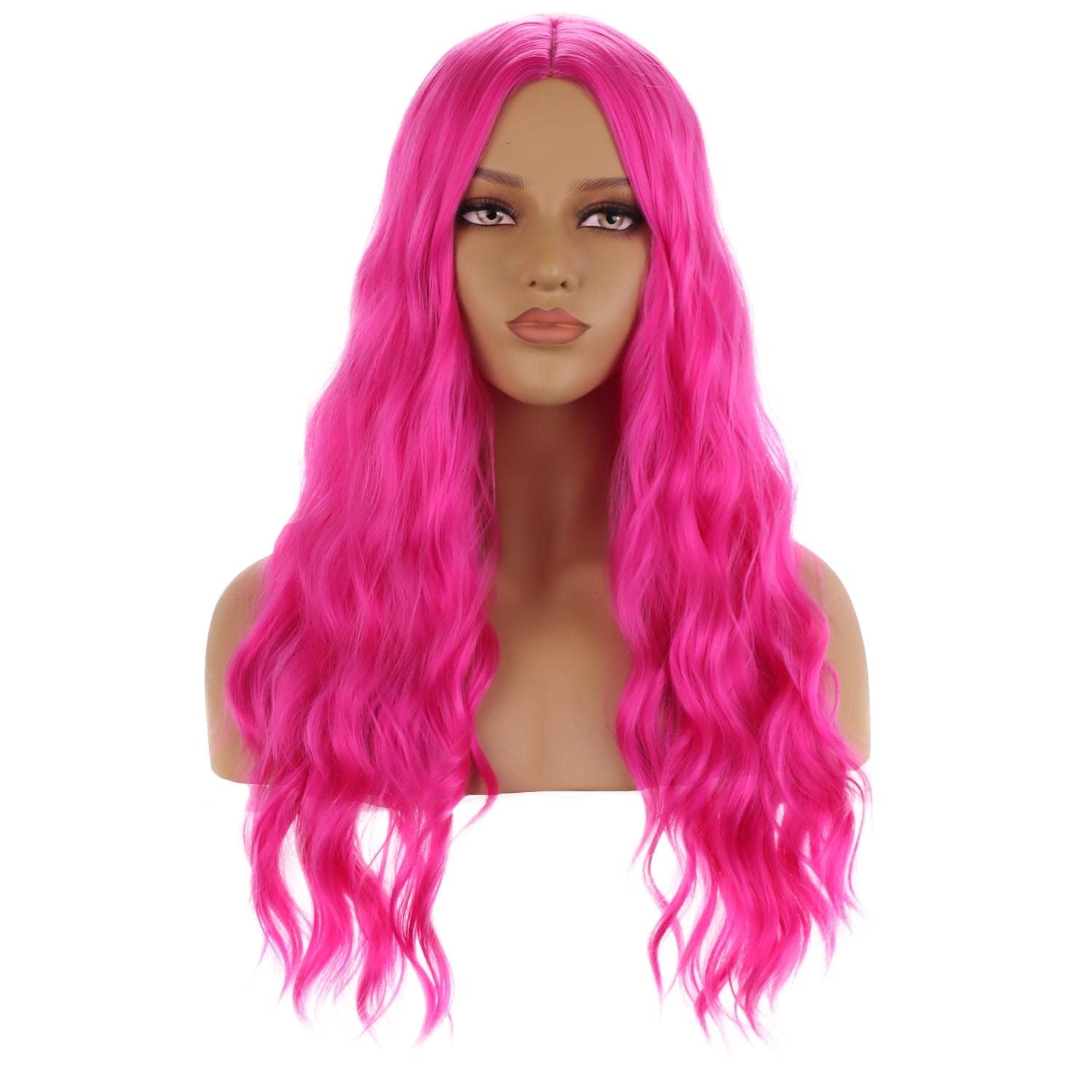 MAGQOO Hot Pink Wig for Women Girls Long Curly Wavy Pink Wigs Middle Part Heat Resistant Hight Density Synthetic Wigs