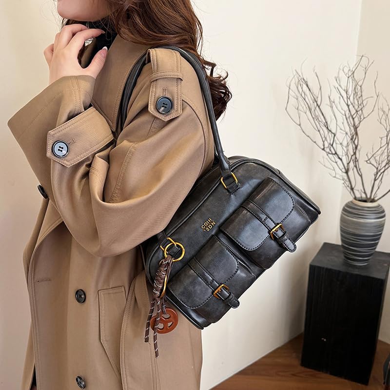 GSenhui Boston Sac à bandoulière vintage pour femme avec plusieurs poches, double sac à bandoulière, sac à main pour voyage, travail