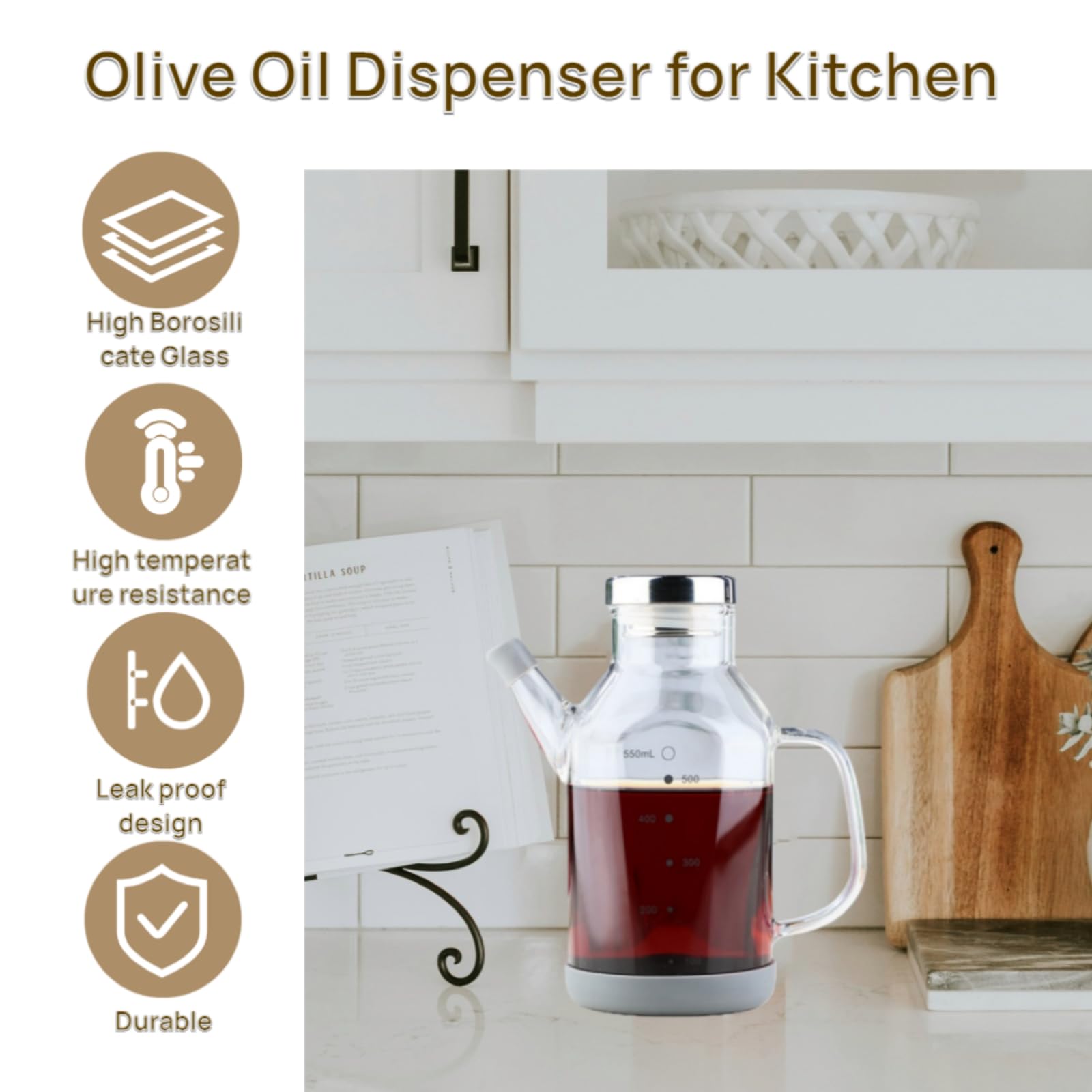 Dispensador de aceite de oliva, botella de vidrio de borosilicato de 18/25 onzas, sin plomo, con tapa de acero inoxidable y botellas de vinagre para cocina, juego de recipientes de cocina