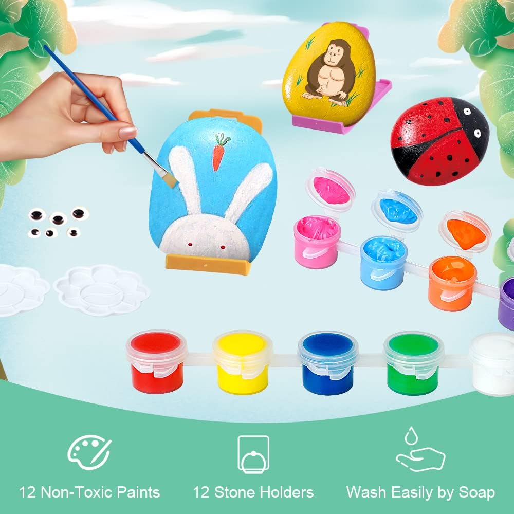 Kit De Peinture Sur Pierre Enfant – 10 En 1 – 12 Pierres Naturelles + 6 Phosphorescentes – Avec Tablier, Manches, Pinceaux – Cadeau Dès 3 Ans