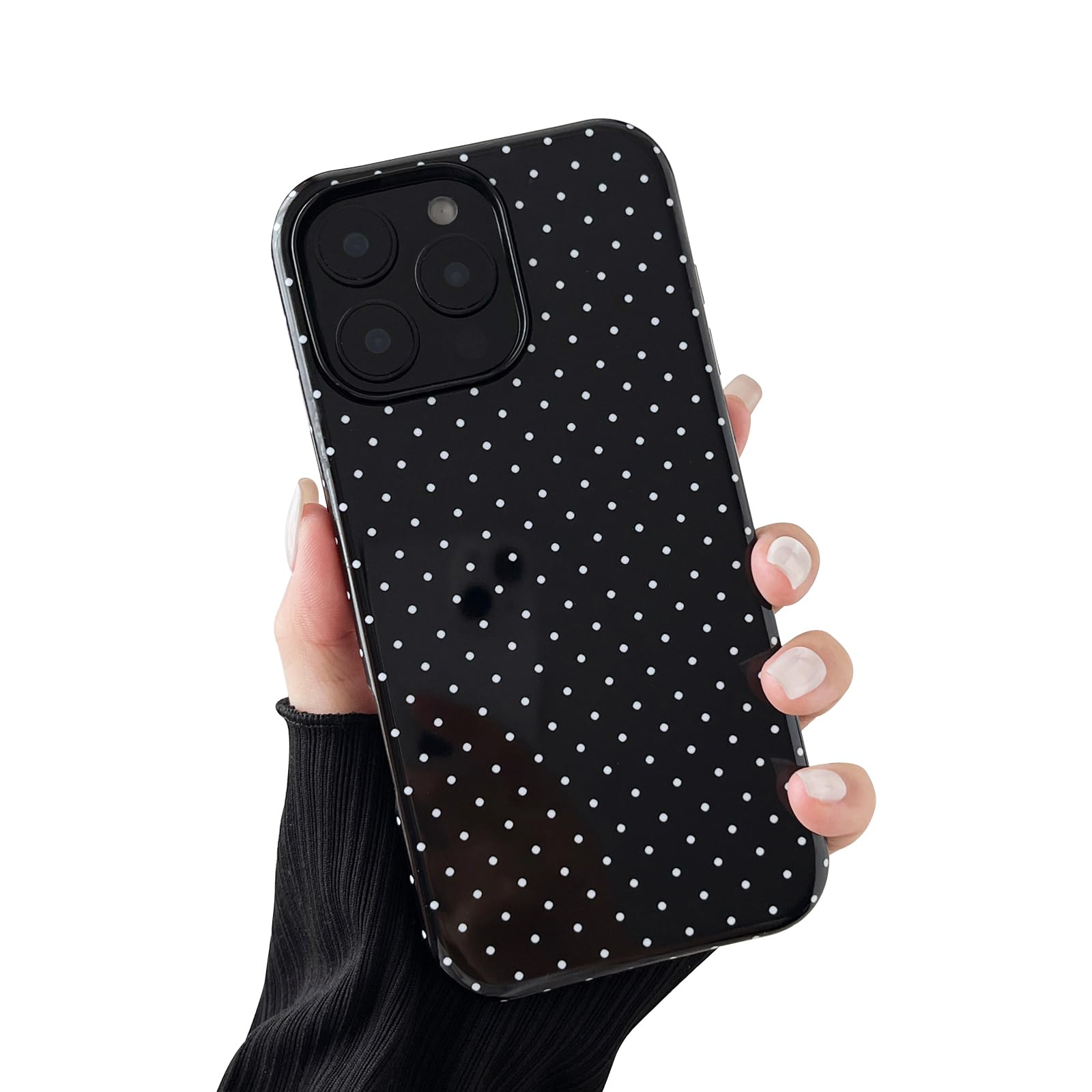 Photo 1 of Sayoaho Compatible with iPhone 16 Pro Case, Fashion Cute Polka Dot Pattern Aesthetic Design for Women, Soft TPU and Hard Back Shockproof Phone Case for iPhone 16 Pro 6.3 inch, Black