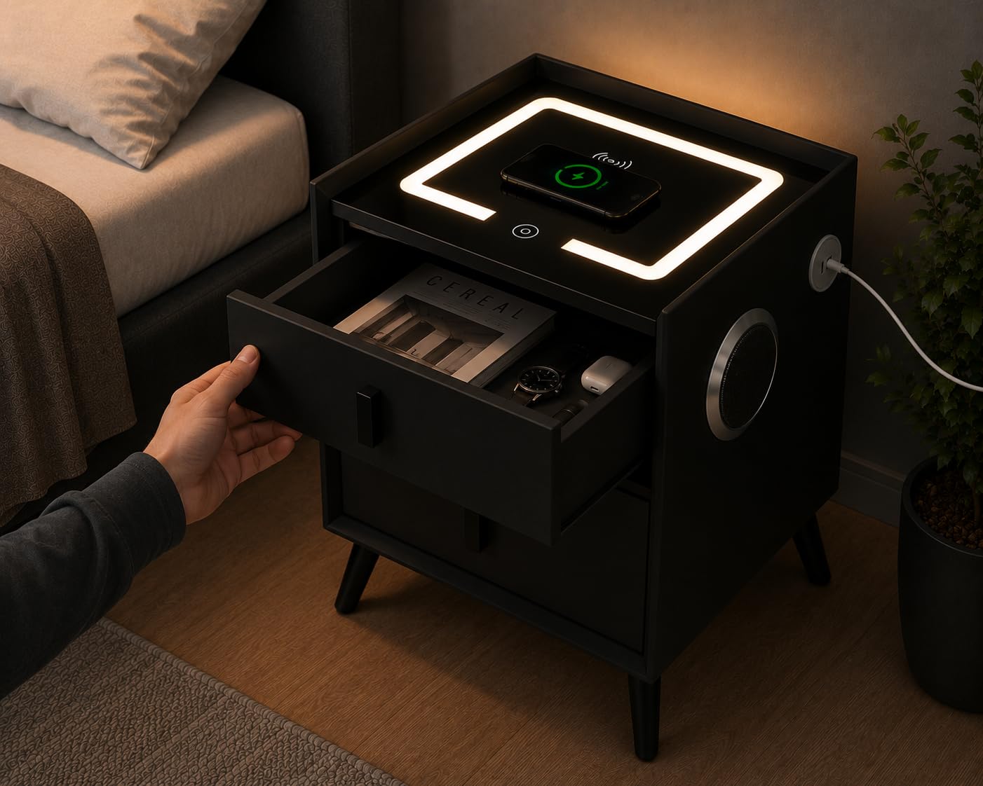 Comodino Smart con Ricarica Wireless, Bluetooth Audio, Luce LED, 2 Porte USB e 2 Cassetti, Tavolino da Camera Moderno 50x40x45 cm (Nero)