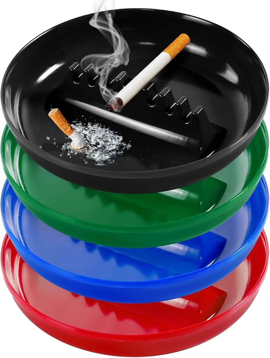 Plastic Ashtrays for Cigarettes and Cigars, Indoor Outdoor Ash Tray Large Size Tabletop Ashtray Decor for Home Office Restaurant Patio Bar - Pack of 4 Colors Mixed (Black/Blue/Green/Red)