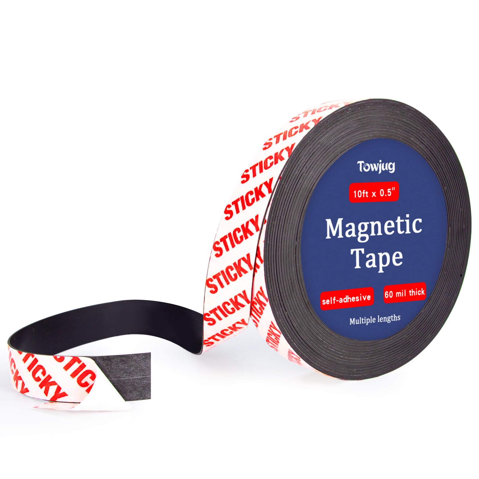Towjug 10 Feet x1/2 in Magnetic Tape Strips Roll with Adhesive Backing, Flexible Sticky Magnet Tape for Lightweight Craft DIY Projects, Whiteboards