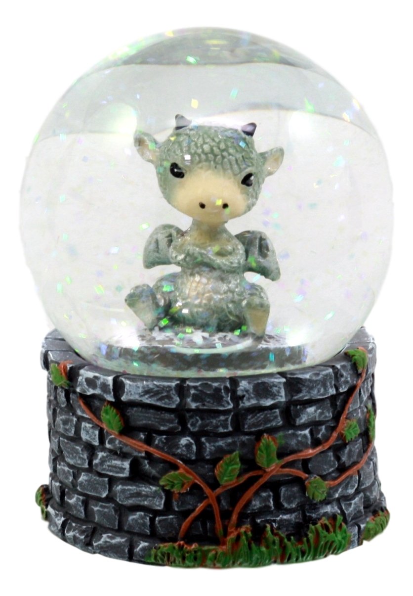 Ebros Gift Small Collectible Whimsical Sulky Baby Dragon Water Globe Figurine with Glitters 3.5