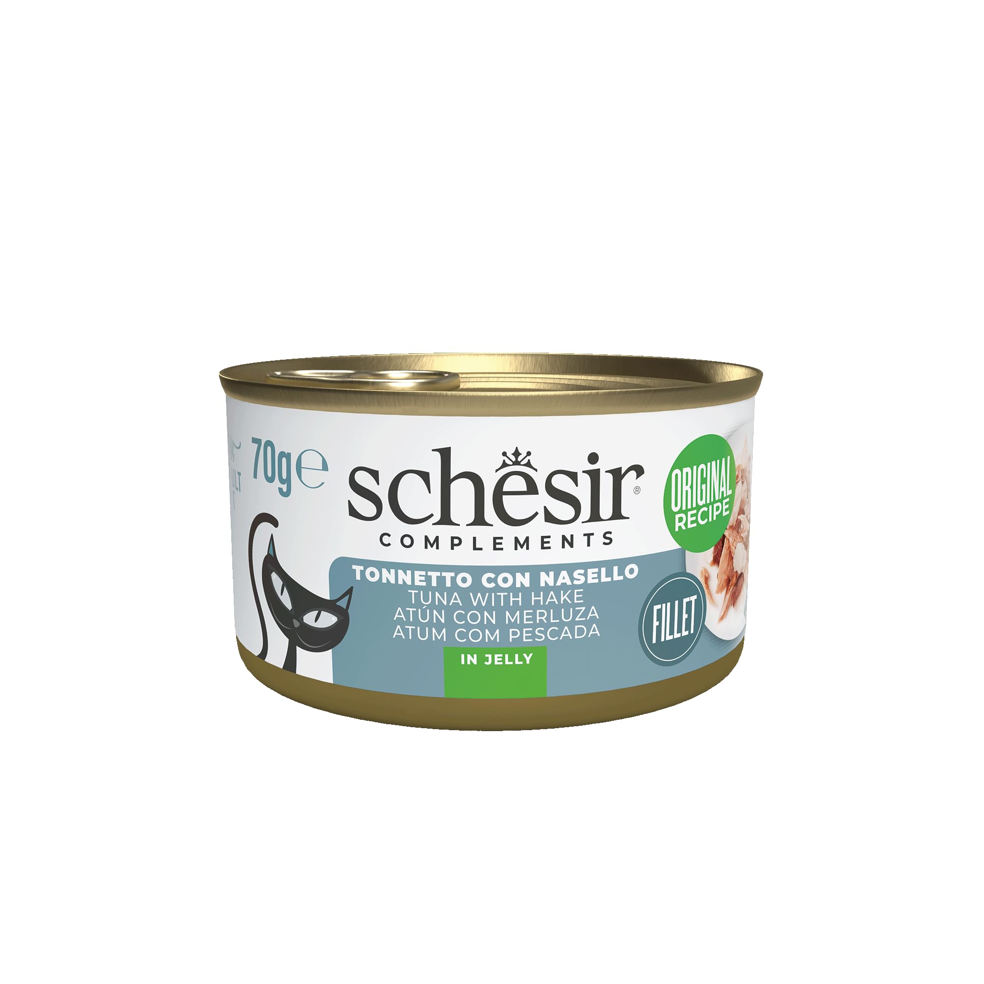 Schesir, Filetti di Tonno con Nasello in Gelatina, Cibo Umido Complementare per Gatti, Ricetta Originale, 100% Naturale, 12 lattine da 70g