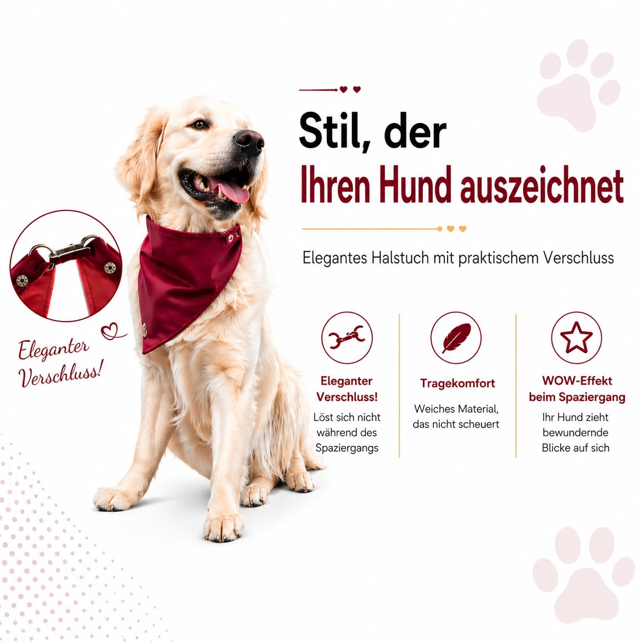 Bandana per cani con chiusura in metallo – collare regolabile per cani in morbido velluto, facile da pulire e confortevole (Ciliegia, L)