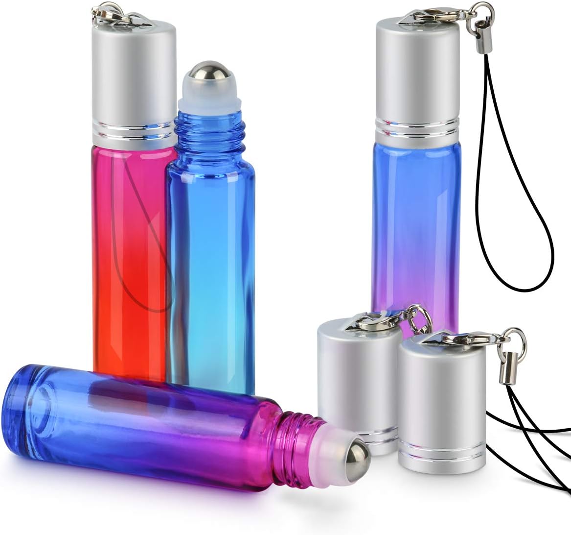 ESARORA Essential Oil Roller Bottles, 24 Pack 10ml Gradient Color Roller Bottles with Stainless Steel Roller Balls and Silver hanging Lids (3 Dropper,2 Funnel,6 Extra Roller Balls,30 labels,2 Opener)