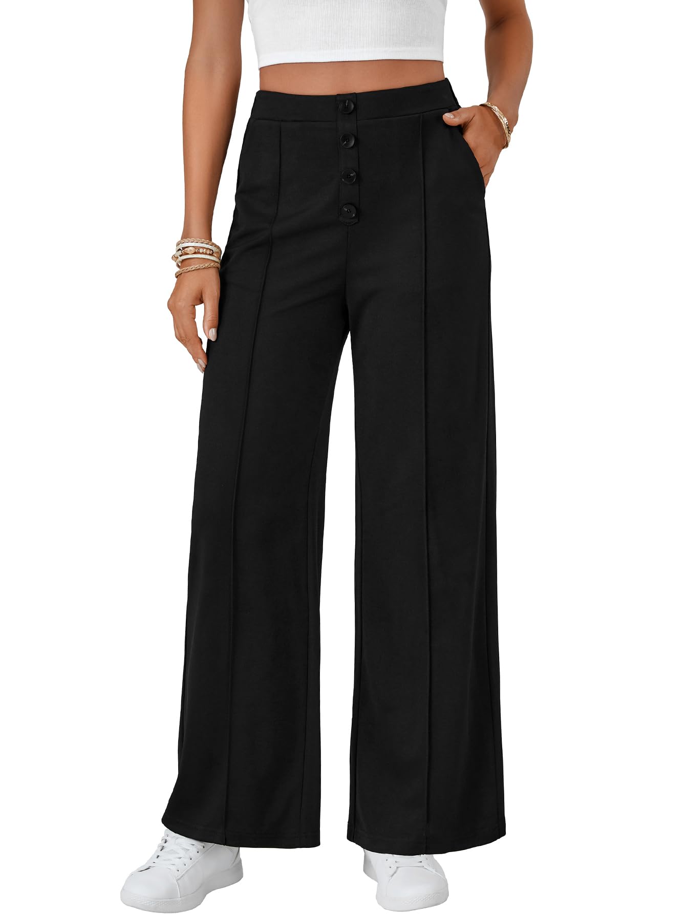 LYANER Womens Buttons High Waist Wide Leg Pencil Pants Joggers Trousers with Pockets