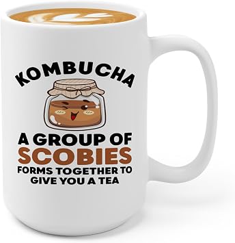 Kombucha Lover Coffee Mug 15oz White -Kombucha a group of scobies - Funny Tea Lover Drink Sweetened Fermented Brewed Tea Sugar Vinegar Fermentation Bacteria Scoby Mushroom Gelatinous Colony