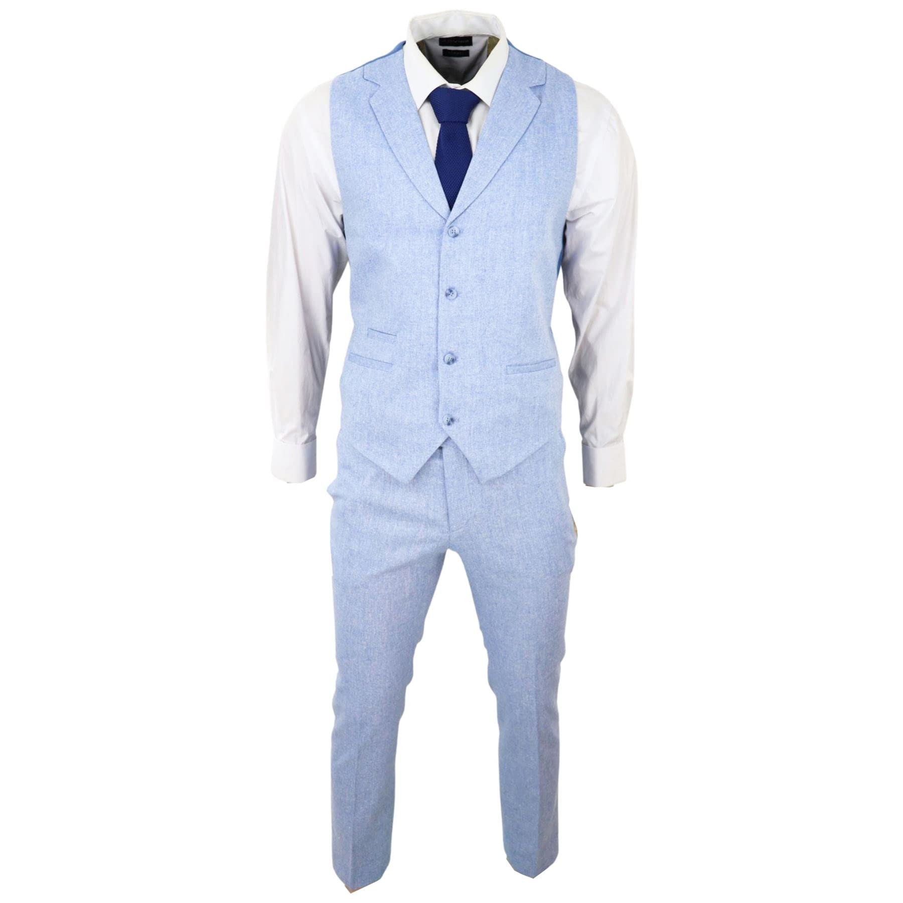 Truclothing Men's Light Blue Summer Suit Waistcoat Trousers Linen Smart Formal Baby Blue Wedding - 42
