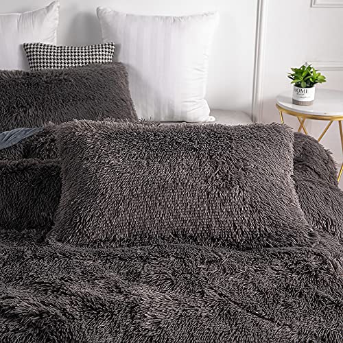 Chovy Faux Fur Plush Gray Comforter Sets Full/Queen - Ultra Soft Shaggy Flannel Velvet Fluffy Fuzzy 3Pc Bedding Set （Comforter X 1 Pillowcases X 2） #TOP2