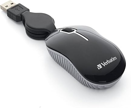 ماوس USB-A صغير سلكي للكمبيوتر البصري من Verbatim - ماوس سفر صغير سلكي قابل للتوصيل والتشغيل مع كابل قابل للسحب باللون الأسود 98113