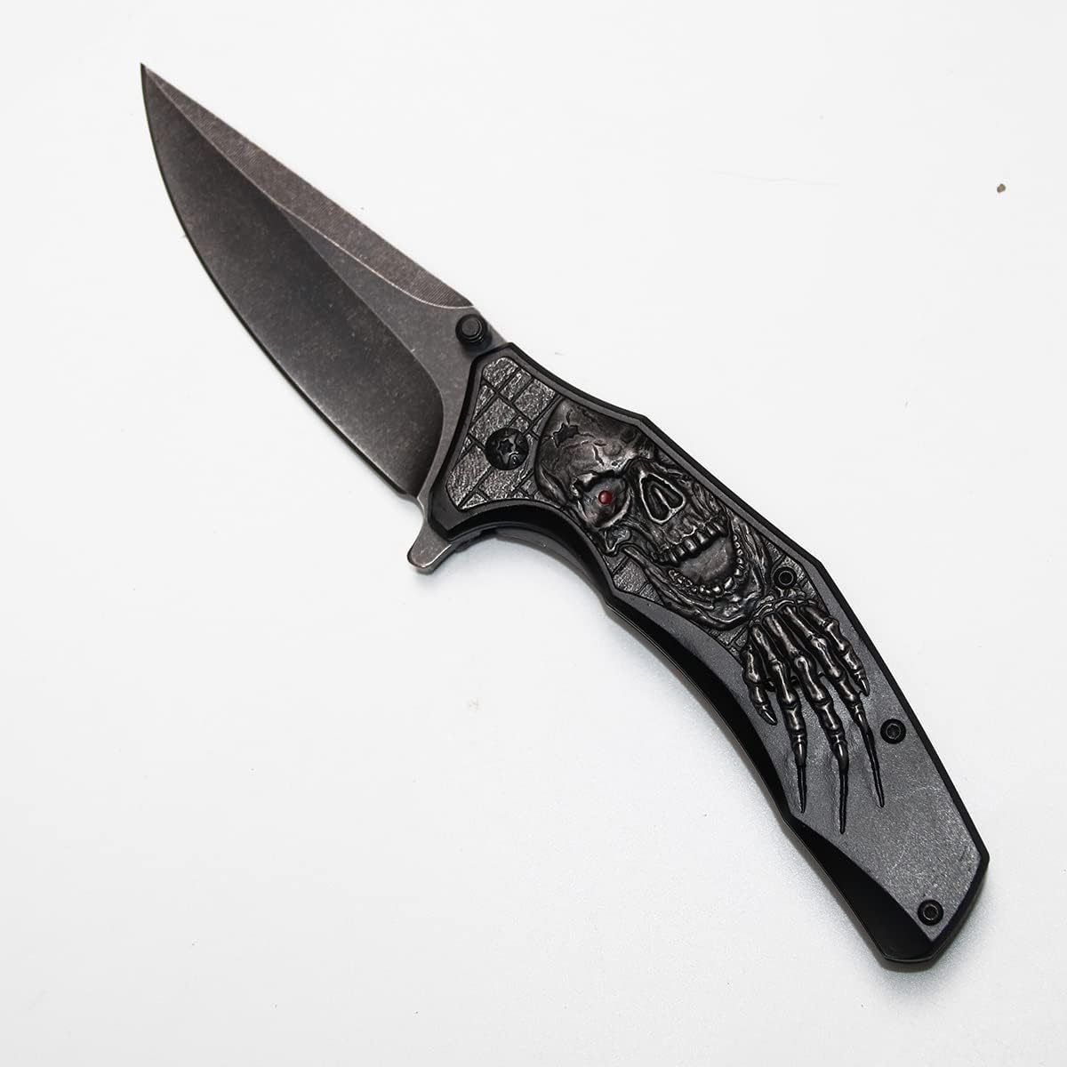 Foling Tool Knife, Survival Camping Hunting Knife Skull Handle Stonwash