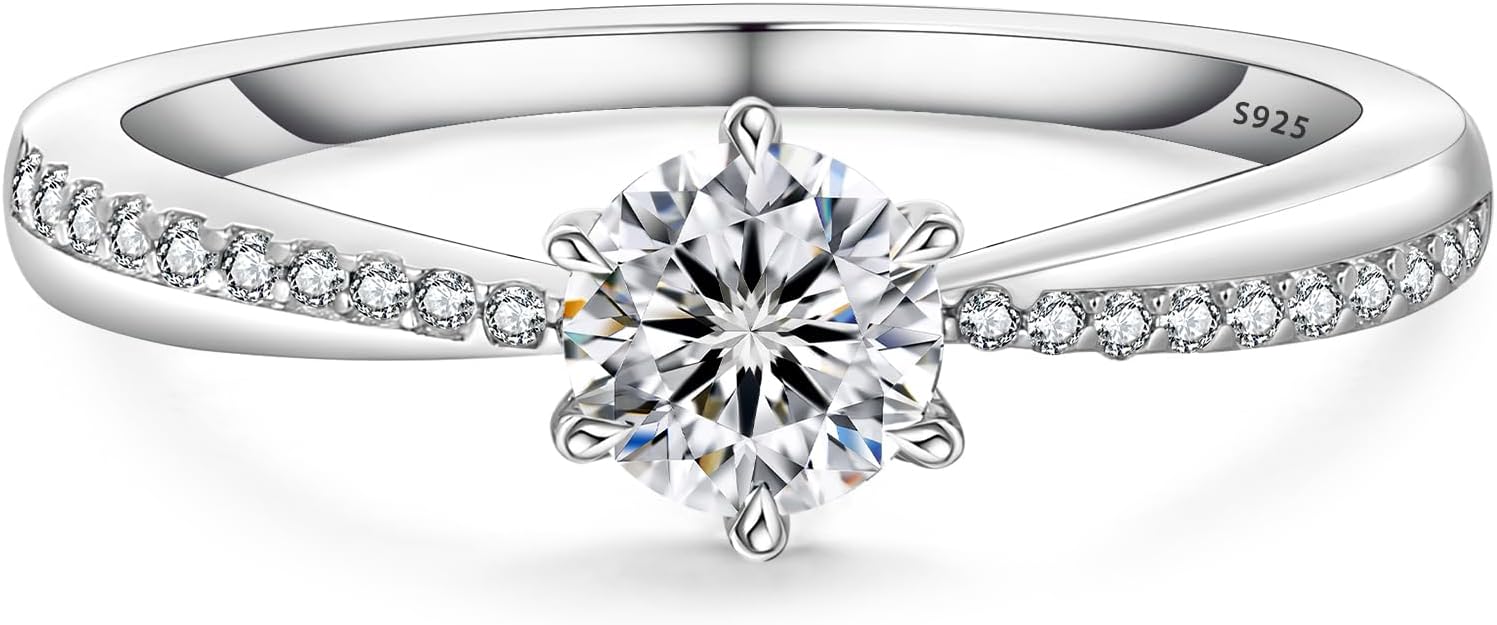 KRKC&CO Moissanite Rings for Women, 0.5-2.0 CT Engagement Rings, D Color VVS1 Clarity, White Gold Plated S925 Sterling Silver, Promise