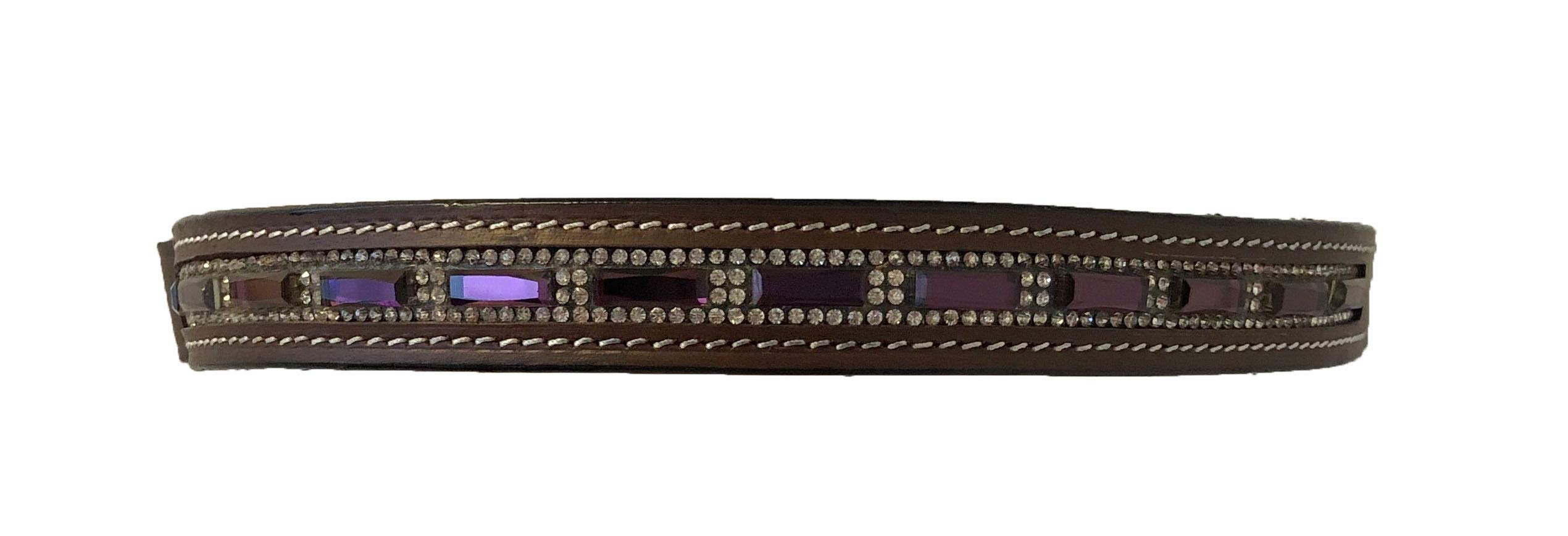 Equitem Horse Size Leather English Bridle Browband with Purple and Clear Crystals (Dark Brown)