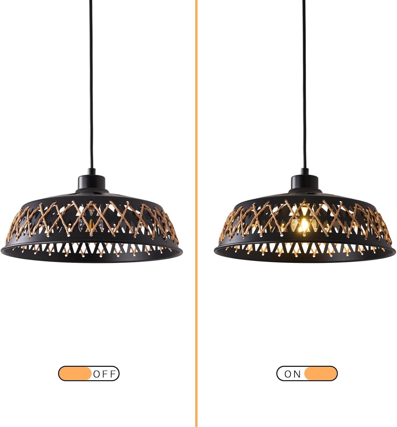 Plug in Pendant Light Industrial Hanging Light with Plug in Cord On/Off Switch Farmhouse Ceiling Lamp Vintage Chandelier Lighting Fixture Lamps Metal with Rattan Lampshade for Kitchen Island Bedroom