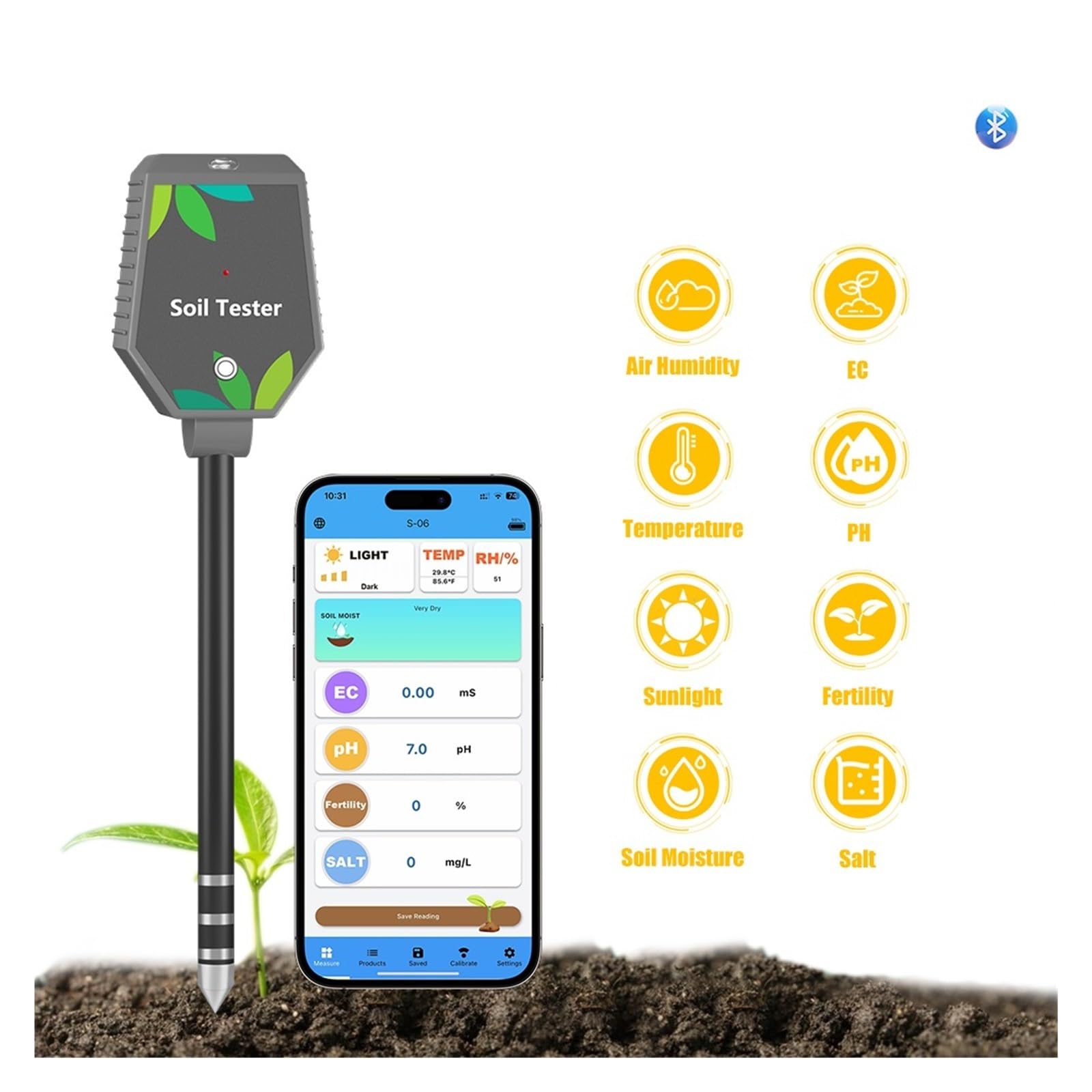Probador de suelo, Medidor digital de pH y humedad del suelo, fertilidad, luz, temperatura, analizador preciso for jardín, plantas césped(THE01879)