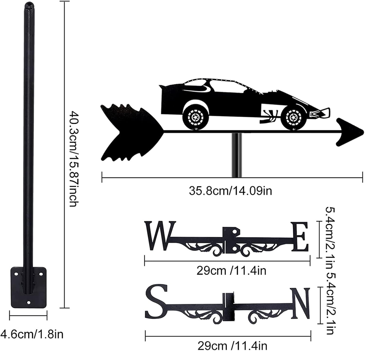Weathervane with Sports Silhouette Ornament for The Garden Fence Shed Manor Lawn Outdoor Yard,Directional & Roof Mount Easy Use,Racing car