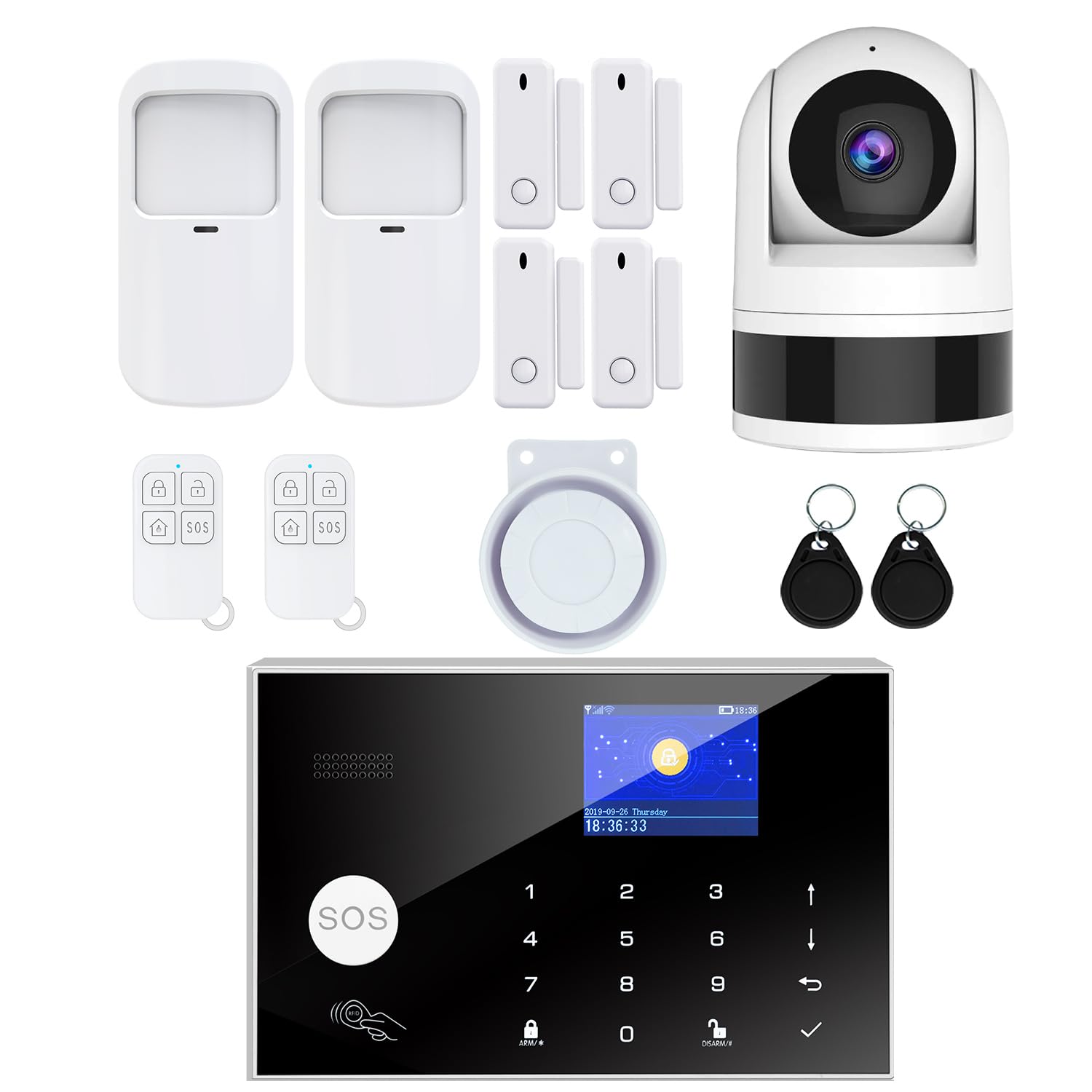Système d'Alarme sans Fil pour la Maison, 13 pcs GSM SMS 2G WiFi Full Burglar Alarm System, Siren Alarm with PIR, Door Window Sensor, Camera, Remote Control for Apartment, Garage, Office